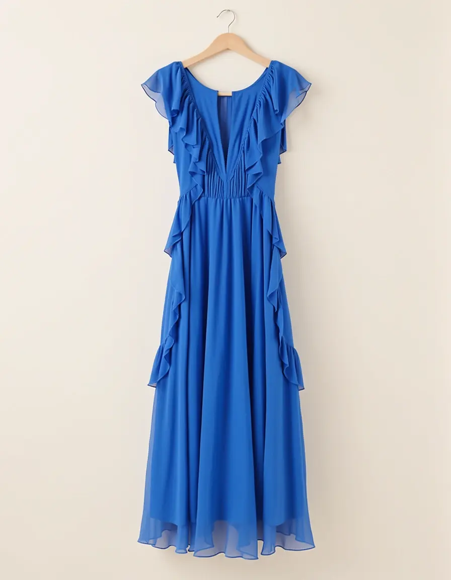 Langes blaues Chiffonkleid mit Rüschen