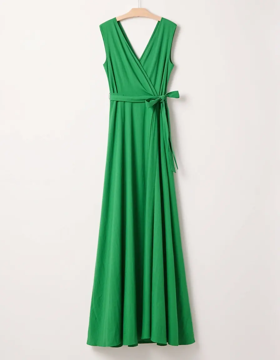Grünes langes Wickelkleid mit Gürtel