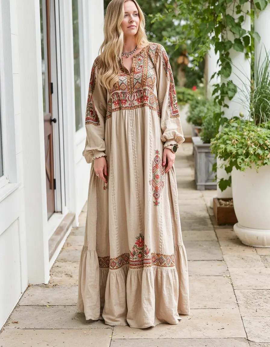 Beiges langes Boho-Kleid mit Stickerei