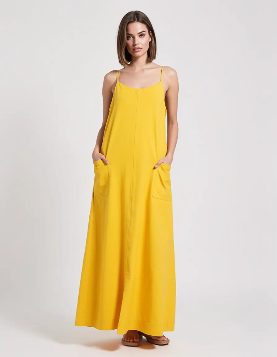 Gelbes langes Sonnenkleid mit Taschen