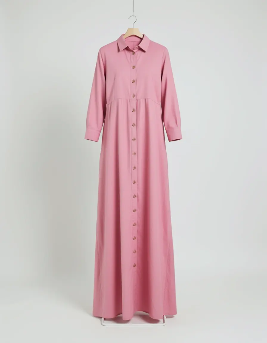 Rosa langes Baumwollkleid mit Knopfleiste