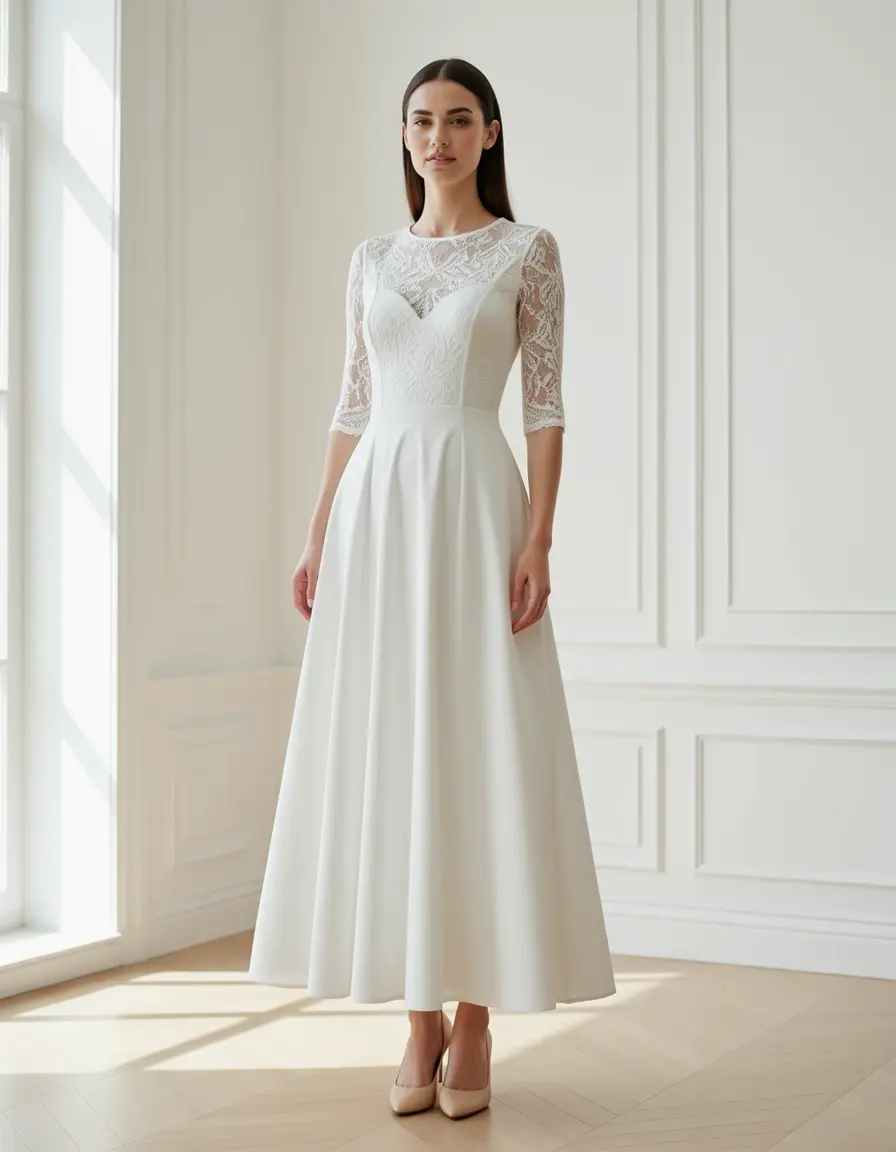 Elegantes weißes Midi-Kleid mit Ärmeln