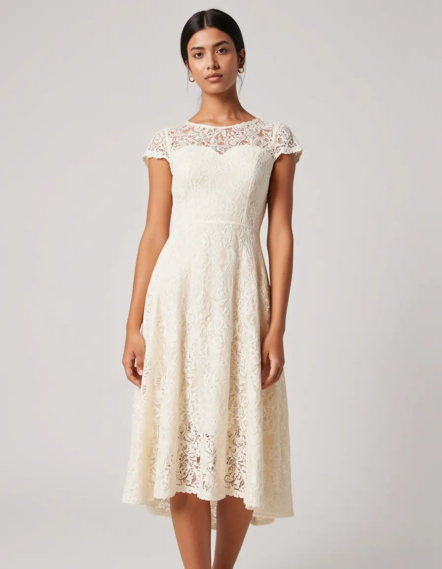Wadenlanges Spitzenkleid in Creme