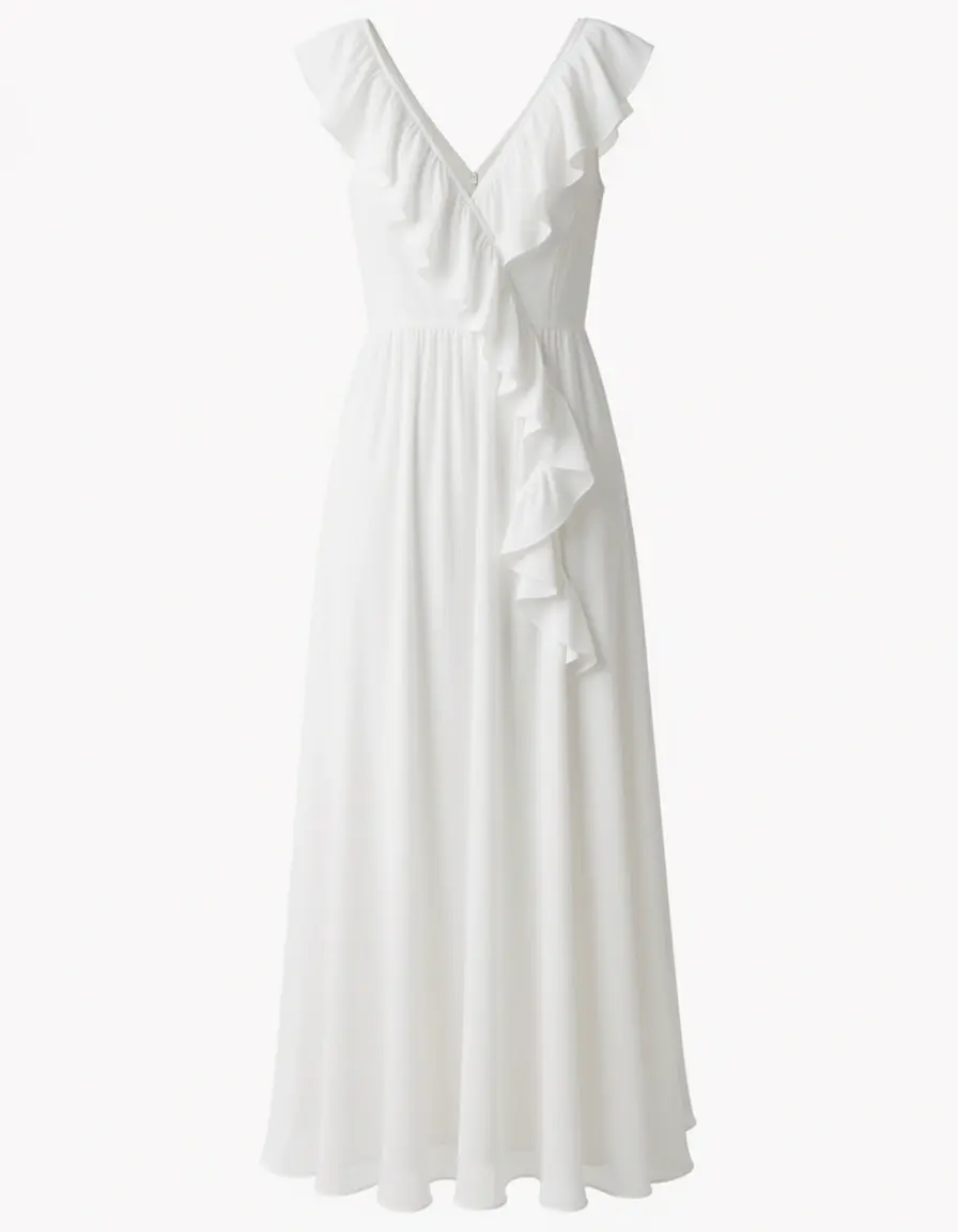 Weißes Chiffon Midi Kleid mit Rüschen