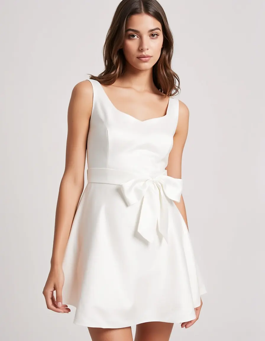 Weißes Satin Minikleid mit Schleife