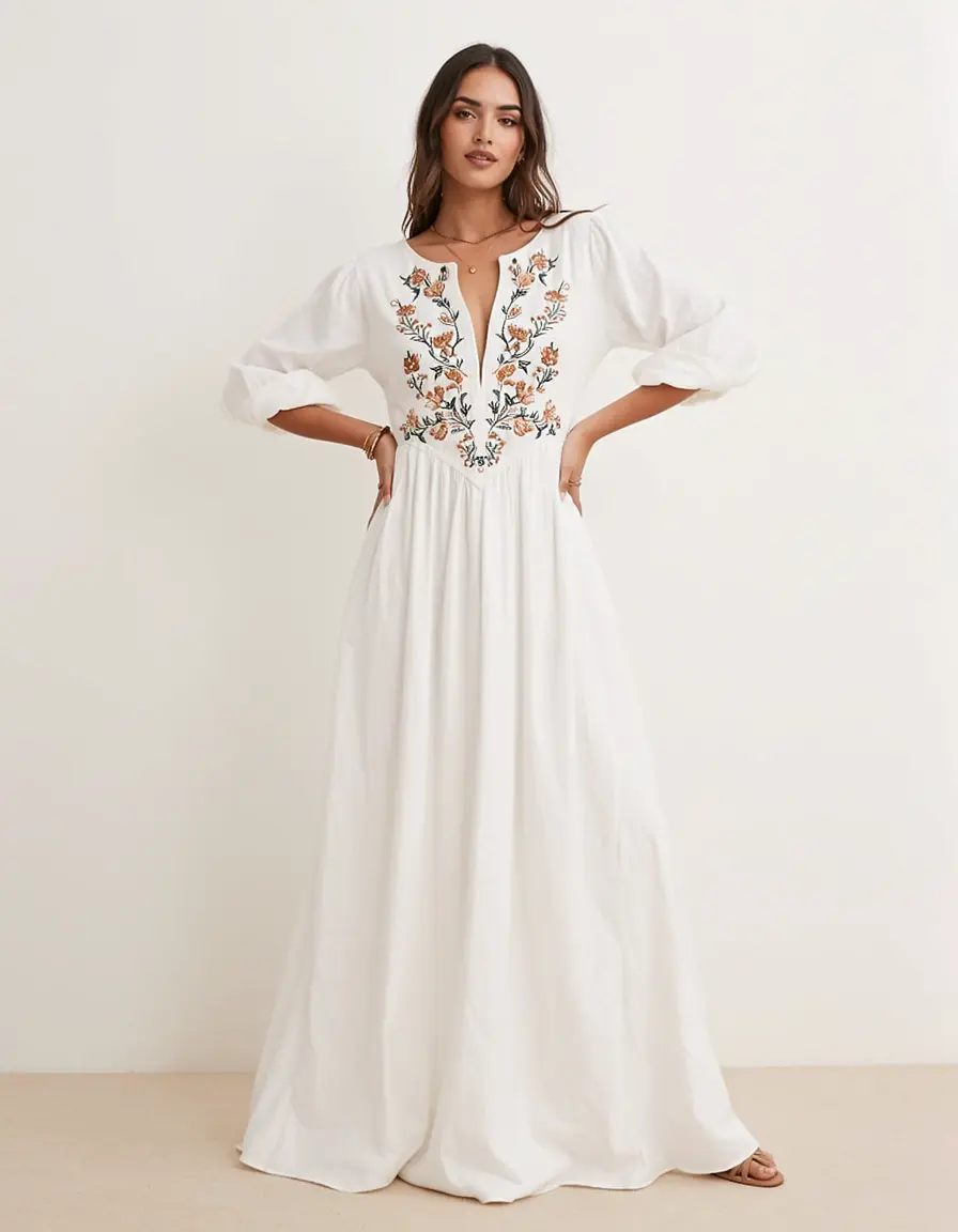 Weißes Boho Kleid mit Stickerei
