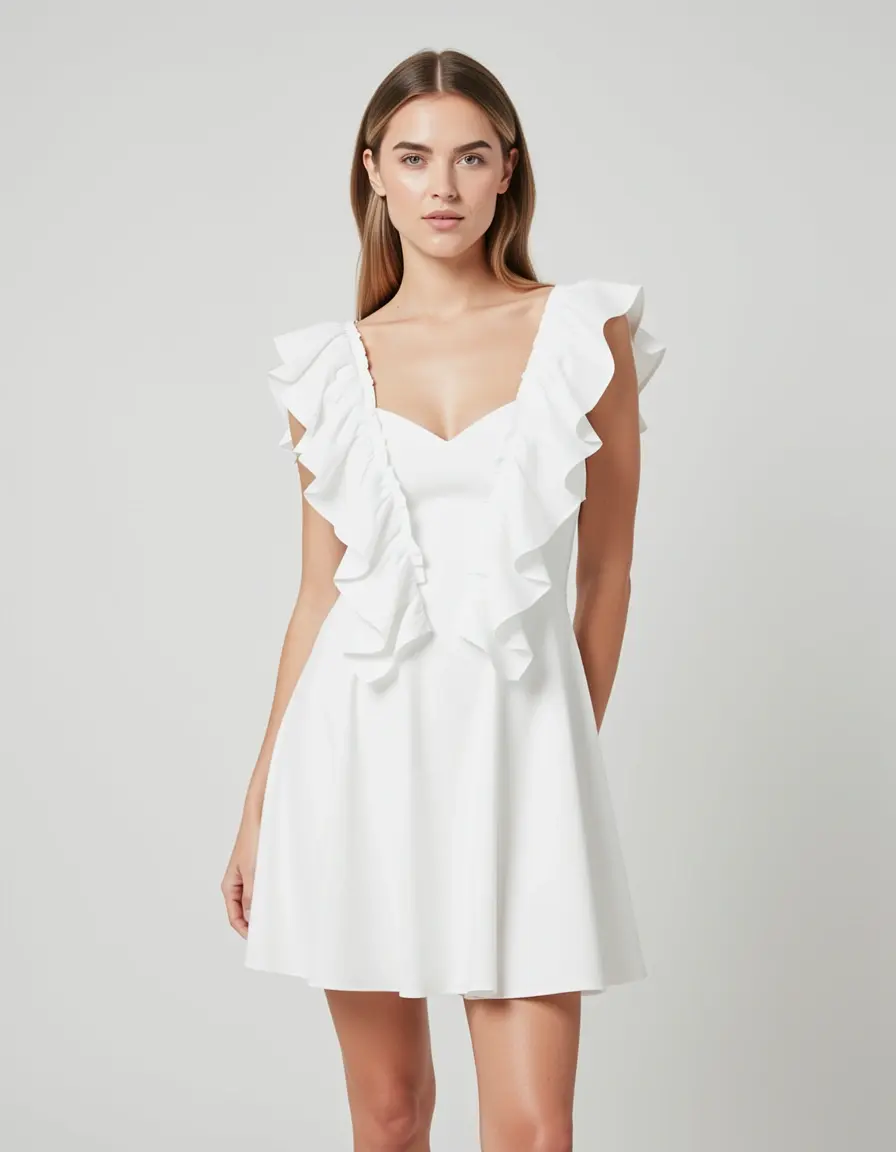 Weißes Mini Standesamt Kleid mit Rüschen