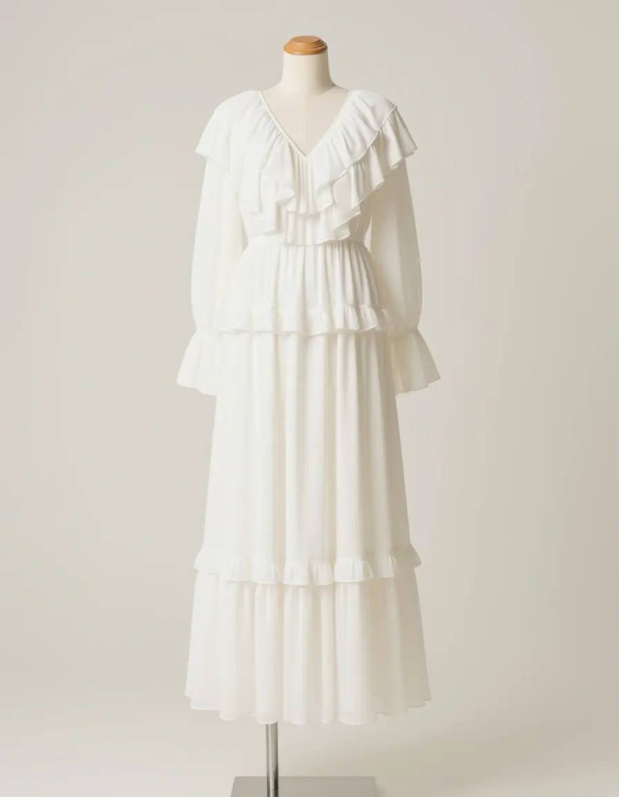 Chiffon White Midi Kleid Rüschen