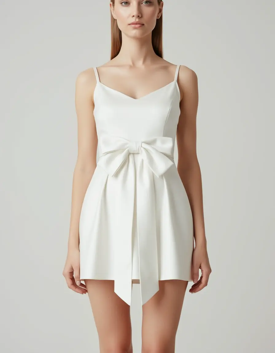Satin White Mini Kleid Schleife