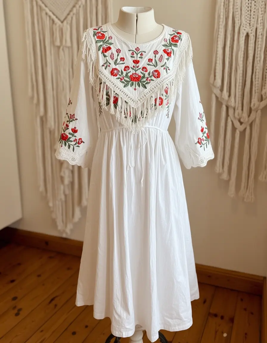 Boho White Standesamt Kleid Stickerei