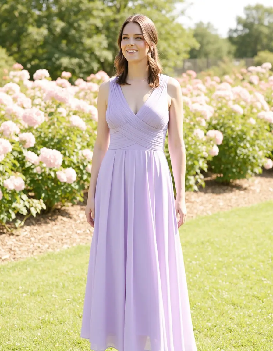 Pastell Trauzeugin Kleid in Lavendel mit V-Ausschnitt