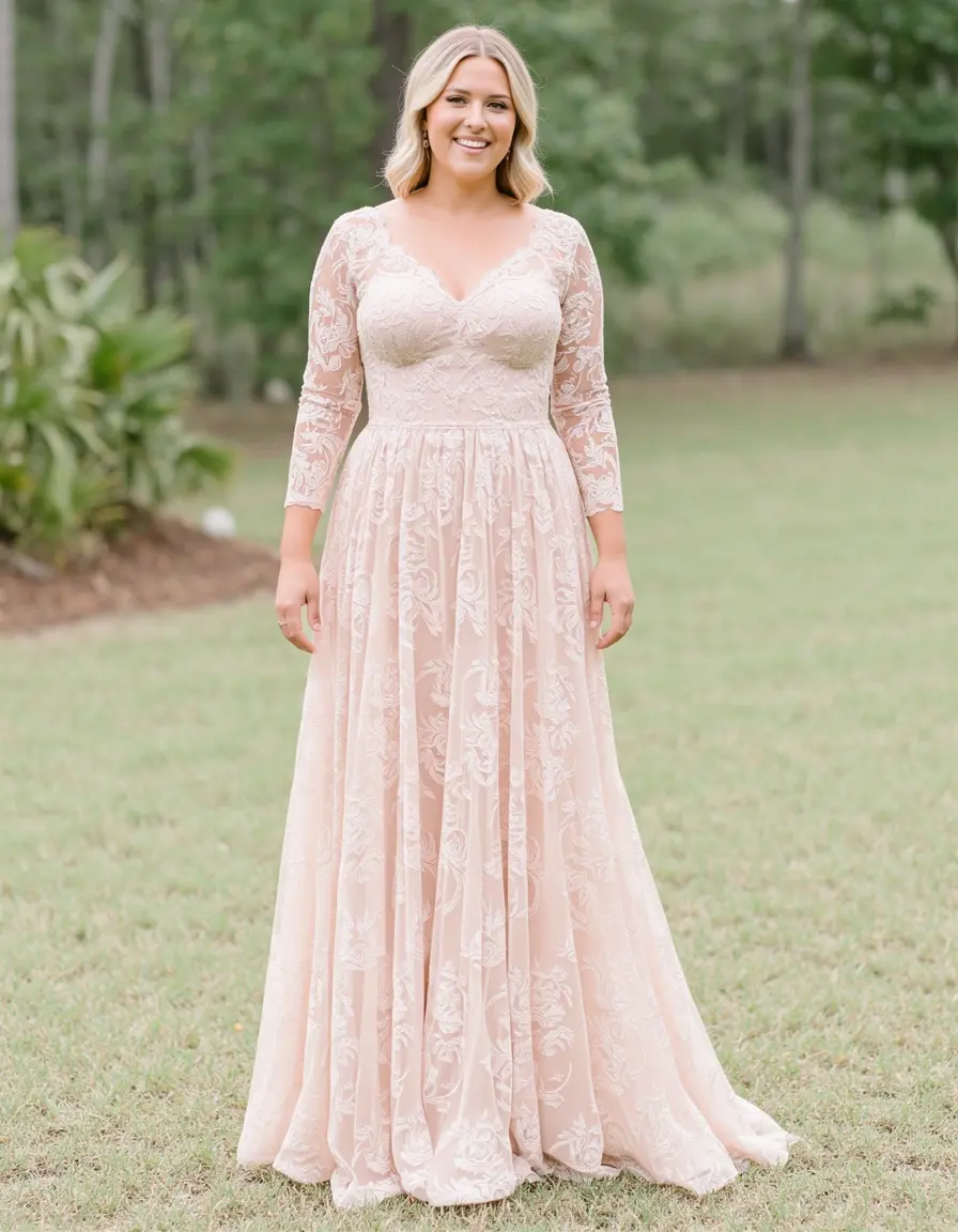 Langes Spitzenkleid für Trauzeugin in Blush mit Ärmeln