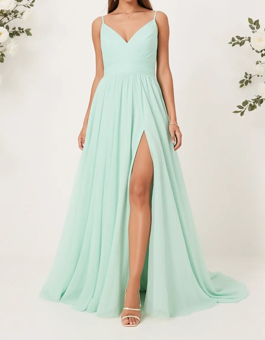 Mintgrünes Chiffon Trauzeugin Kleid A-Linie mit Schlitz