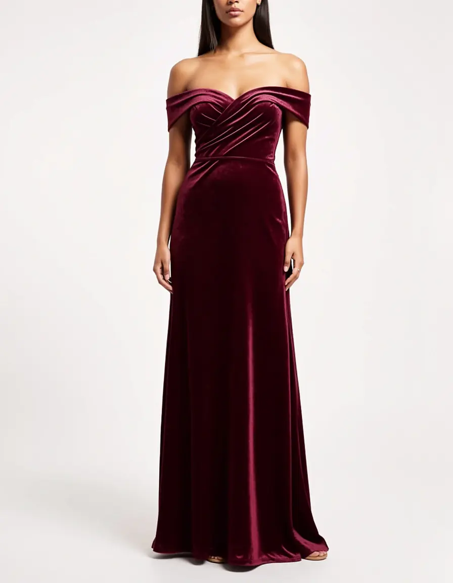 Burgunderrotes Samtkleid Off-Shoulder für Hochzeitsgäste