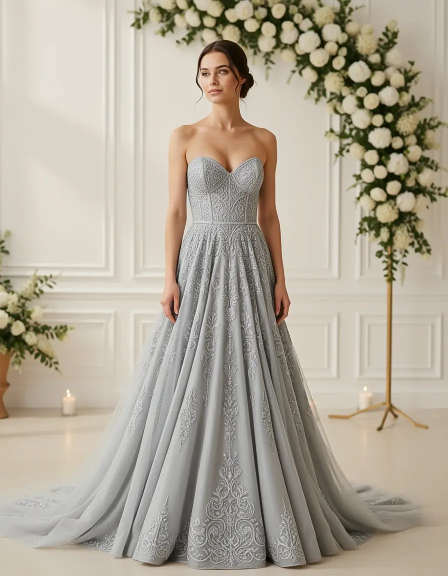 Silbernes Abendkleid mit Perlenstickerei für Trauzeuginnen
