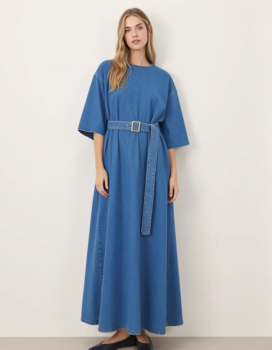 Oversized T-Shirt Kleid in Blau mit Gürtel