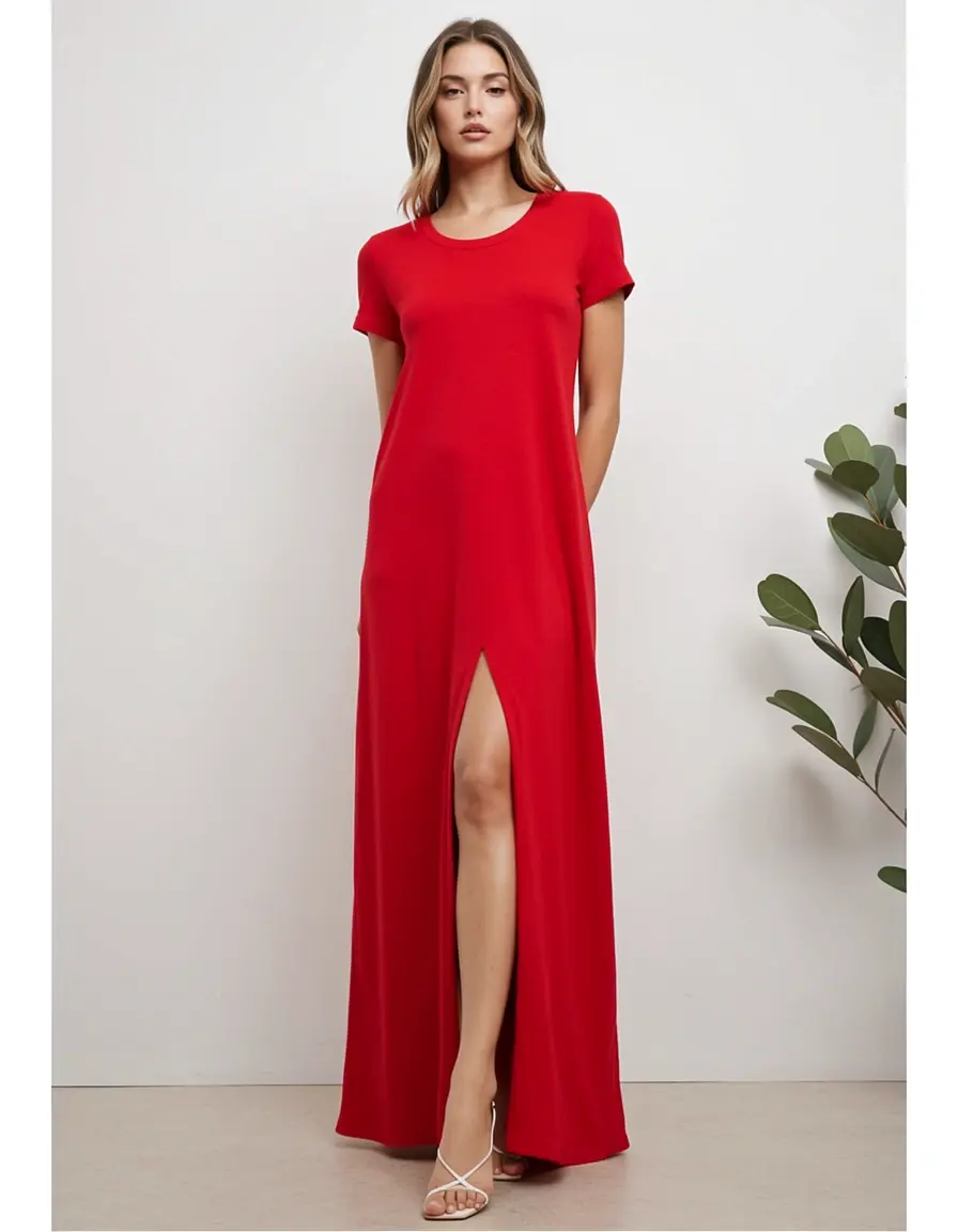 Rotes Jersey T-Shirt Maxikleid mit Schlitz