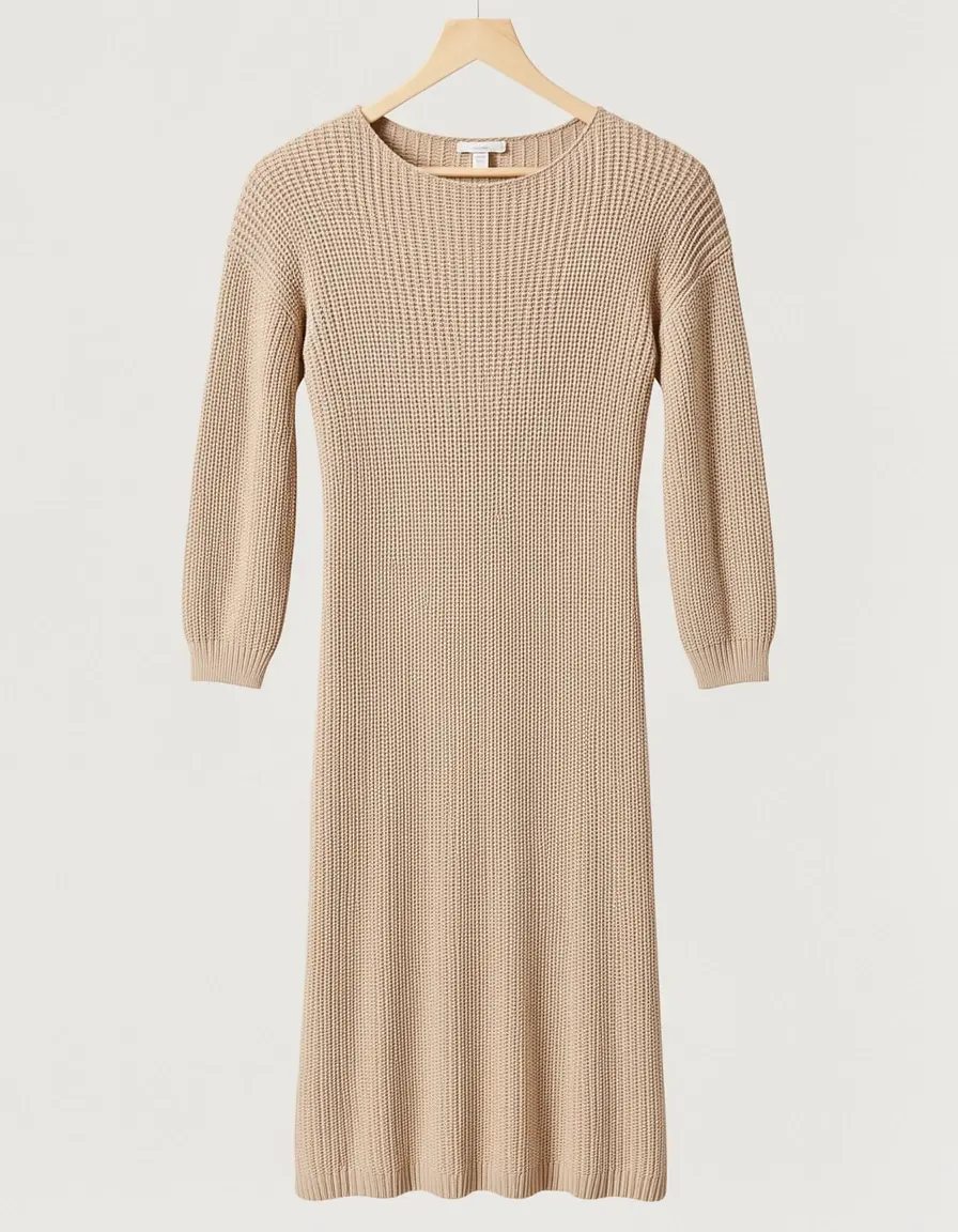 Beiges Strick T-Shirt Kleid mit langen Ärmeln
