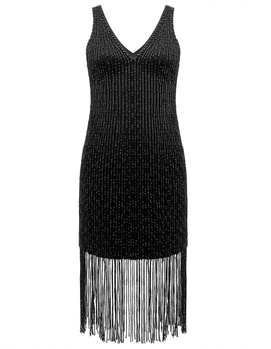 Schwarzes 20er Jahre Flapper Kleid mit Perlen und Fransen