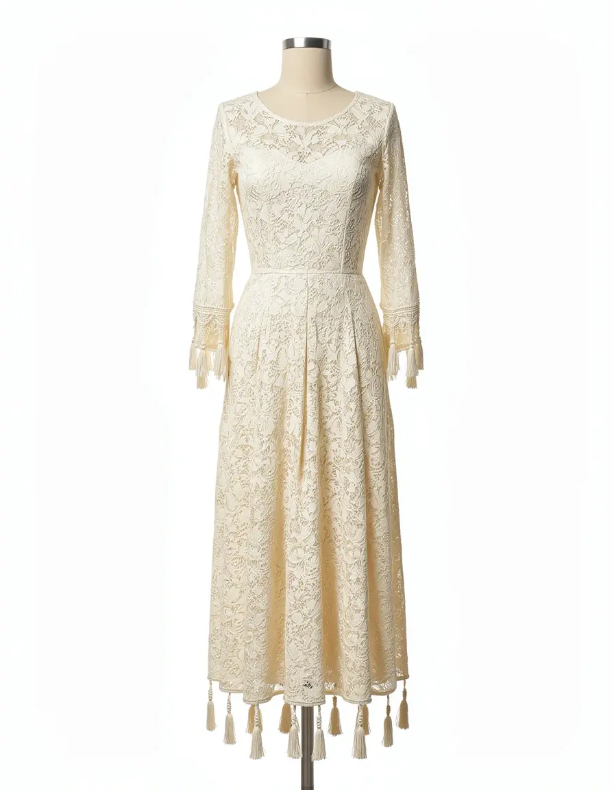 Elfenbeinfarbenes Spitzenkleid im 20er Jahre Stil mit Quasten