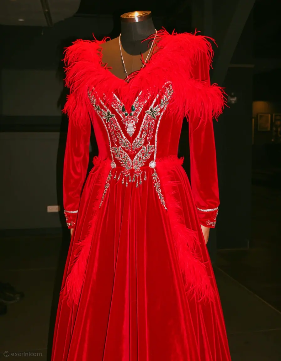 Rotes Samtkleid der 20er Jahre mit Federn