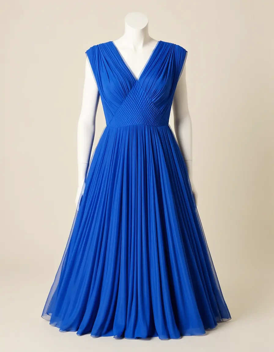 Blaues Chiffon Gatsby Kleid mit Plisseefalten