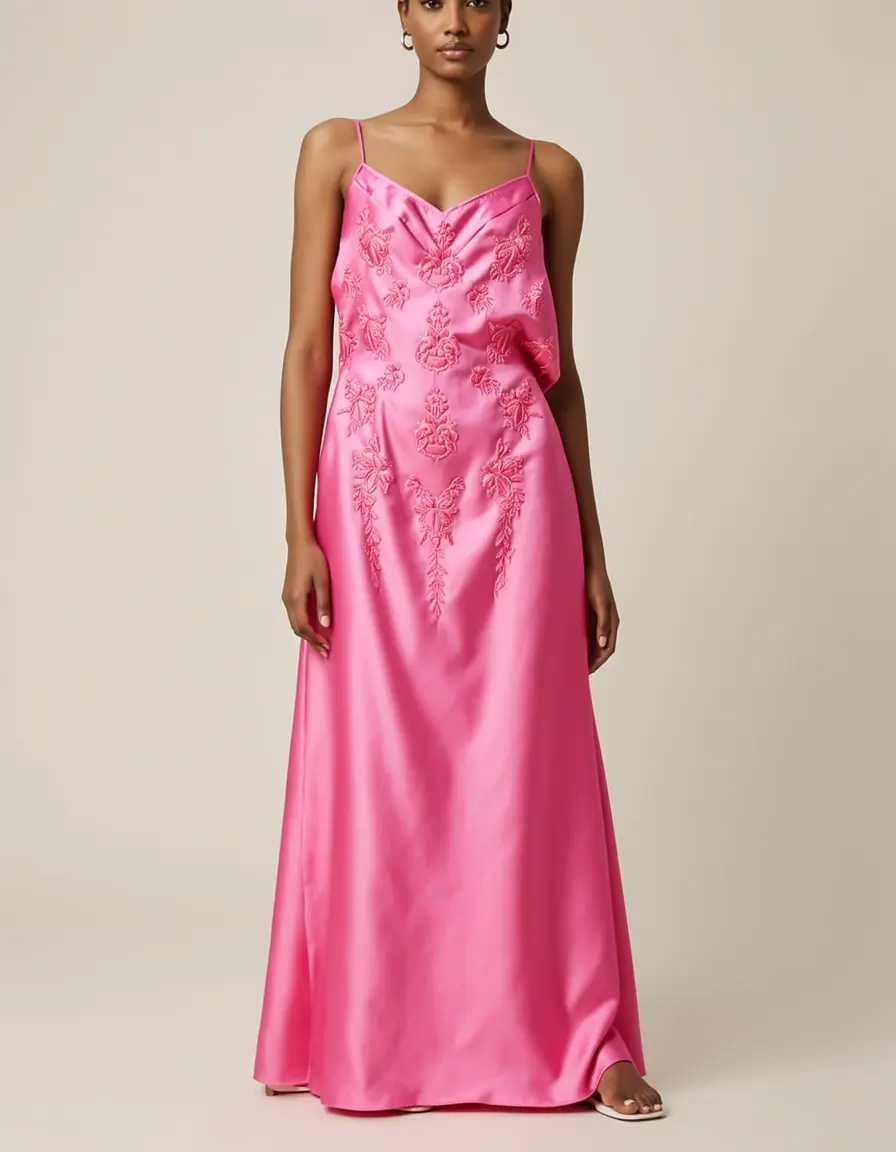 Rosa Satin Slip Dress mit 20er Jahre Stickerei