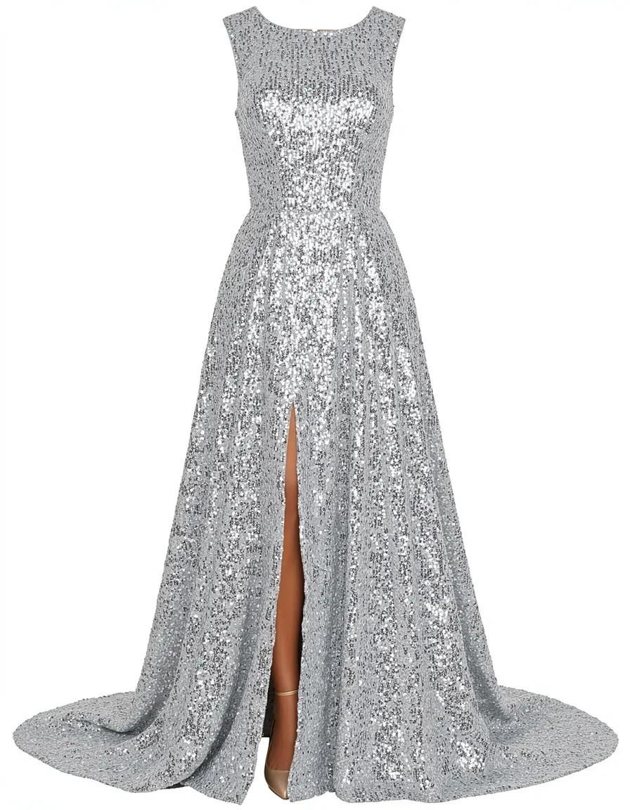 Silbernes Abiball Kleid mit Pailletten und Schlitz