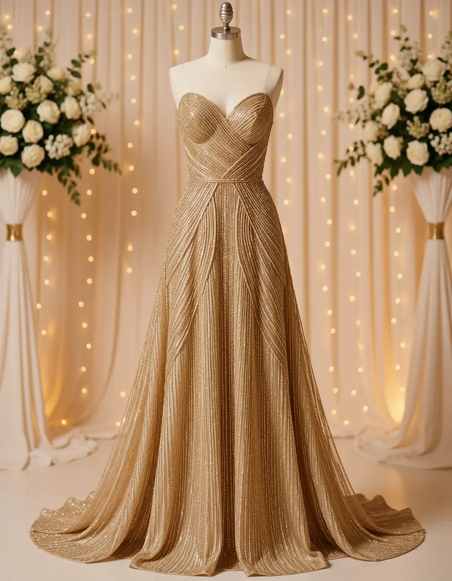 Goldenes Abendkleid mit Perlenstickerei