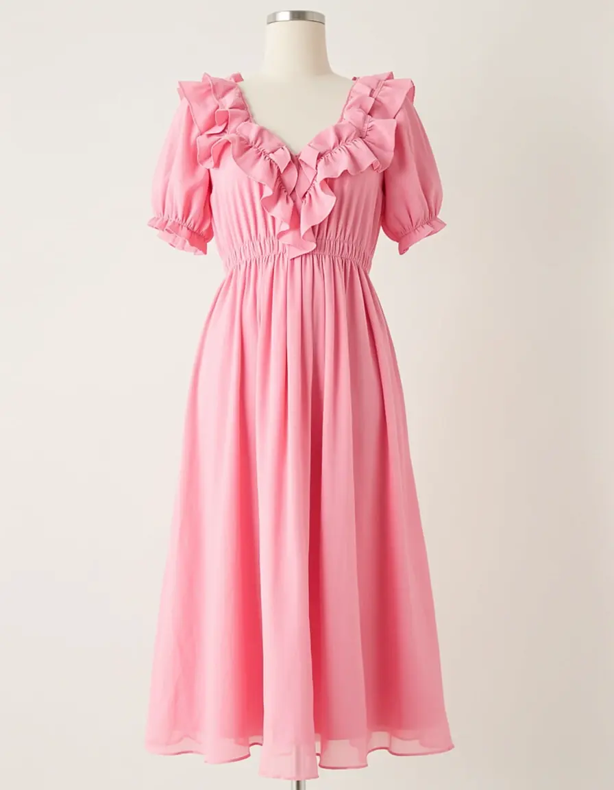 Rosa Chiffon Babydoll Midi Kleid mit Rüschen