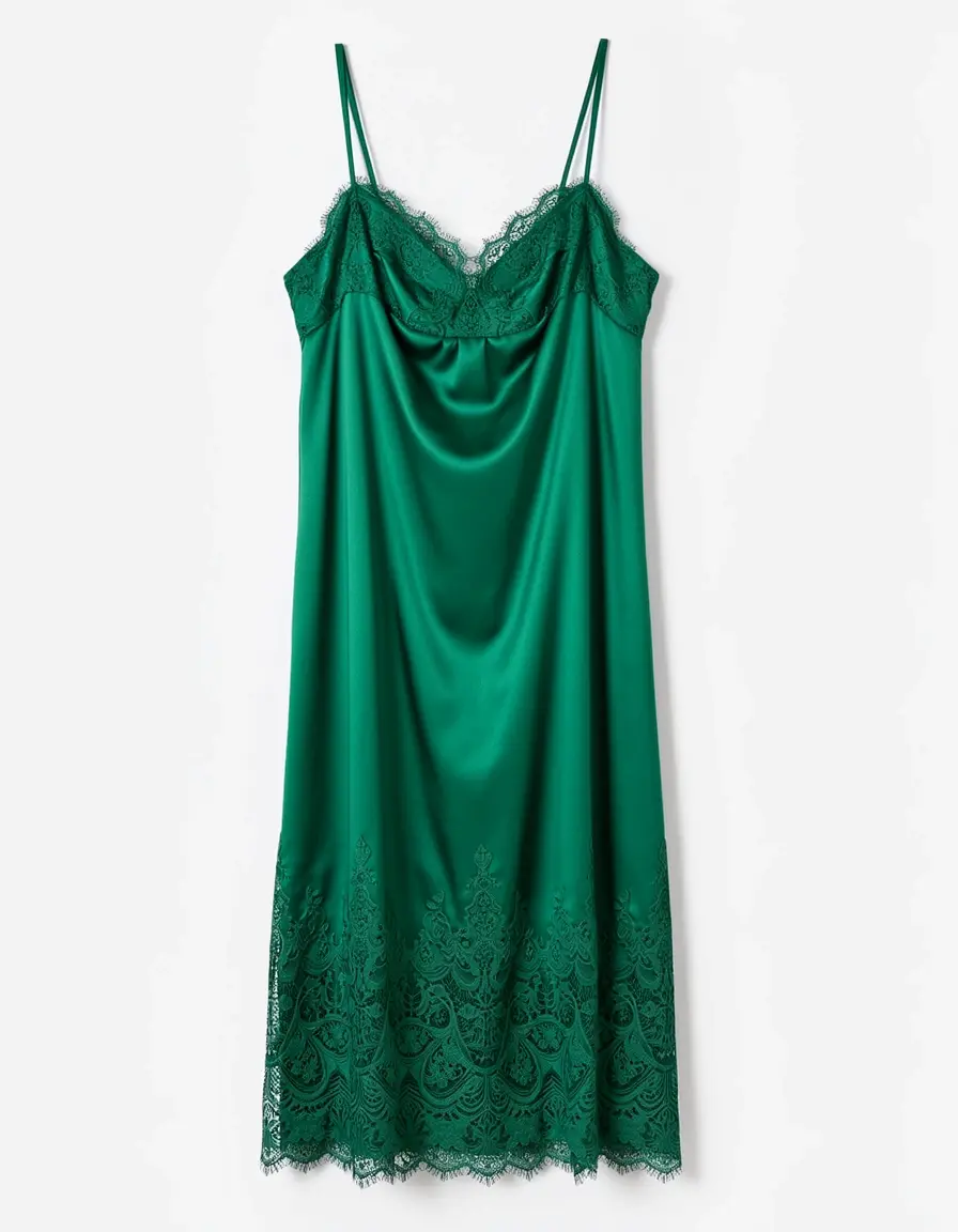 Grünes Satin Babydoll Unterkleid mit Spitze
