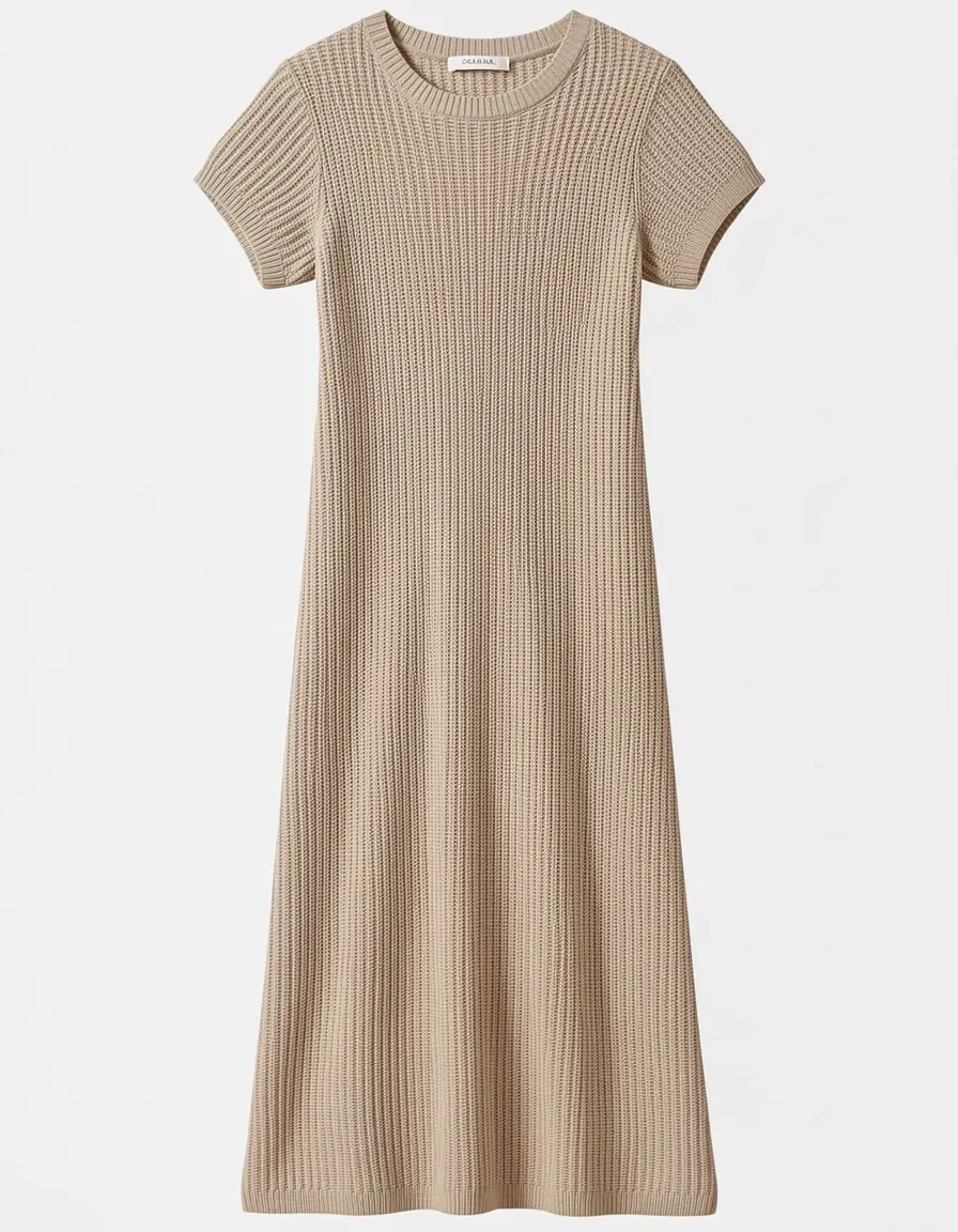 Beiges Strick Babydoll Kleid mit kurzen Ärmeln