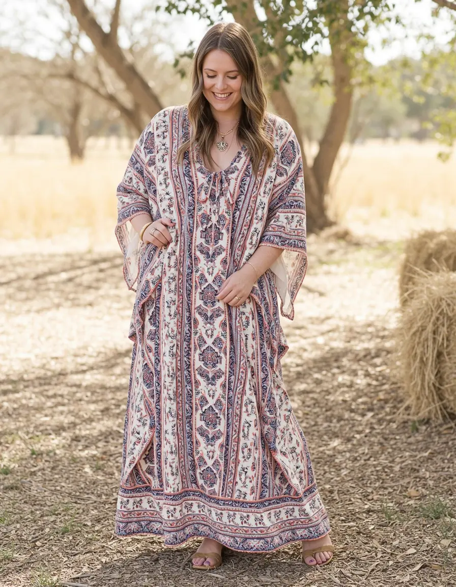 Fließendes Boho Kleid mit Kimonoärmeln