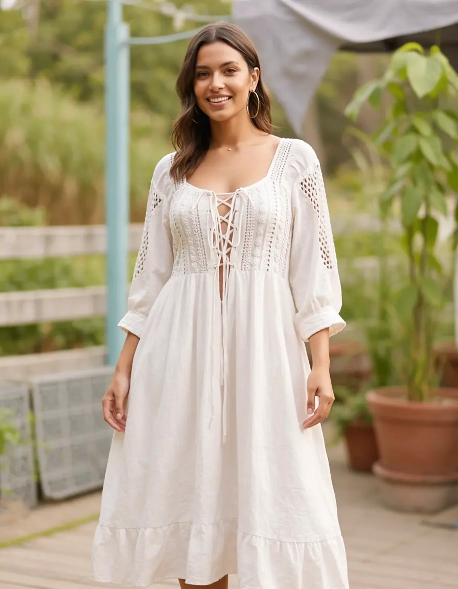Boho Kleid mit Schnürung aus Baumwolle