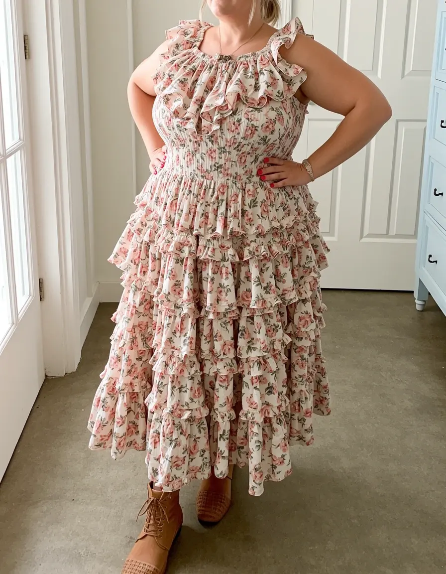 Gestuftes Boho Kleid mit Blumenmuster und Rüschen