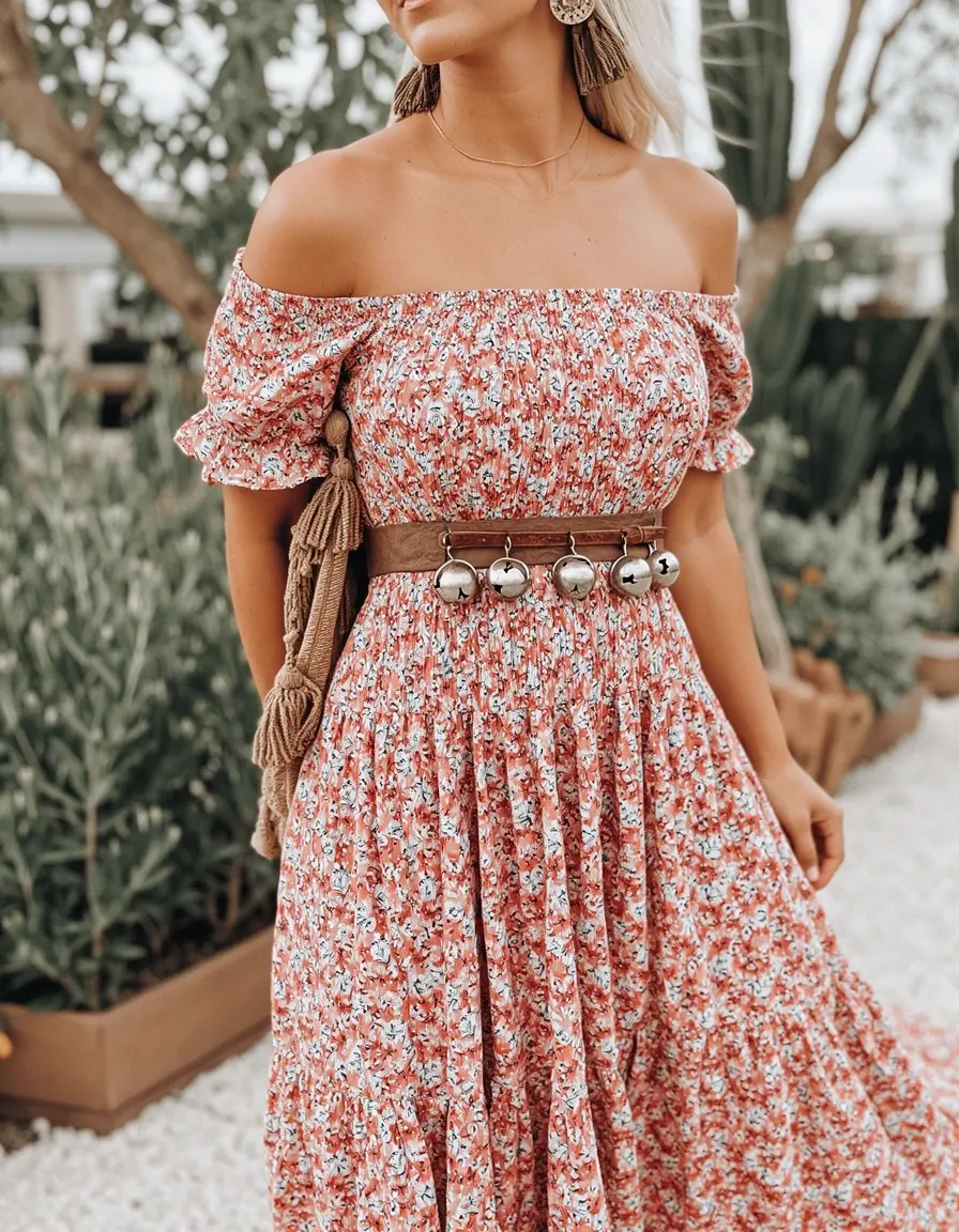 Schulterfreies Boho Kleid mit Glöckchen