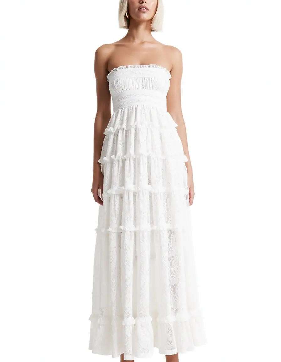 Weiße Spitze Bandeau Midi Kleid