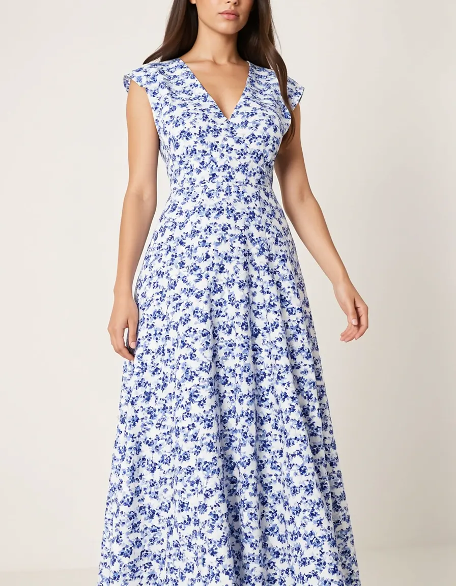 Floral Blue White Midi Kleid mit Blumenmuster