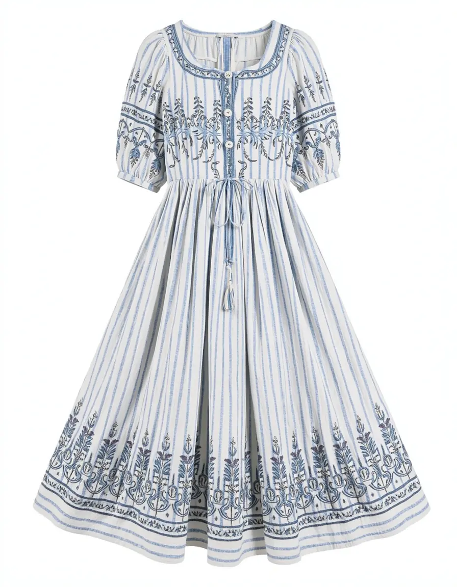 Boho Blue White Kleid mit Stickerei