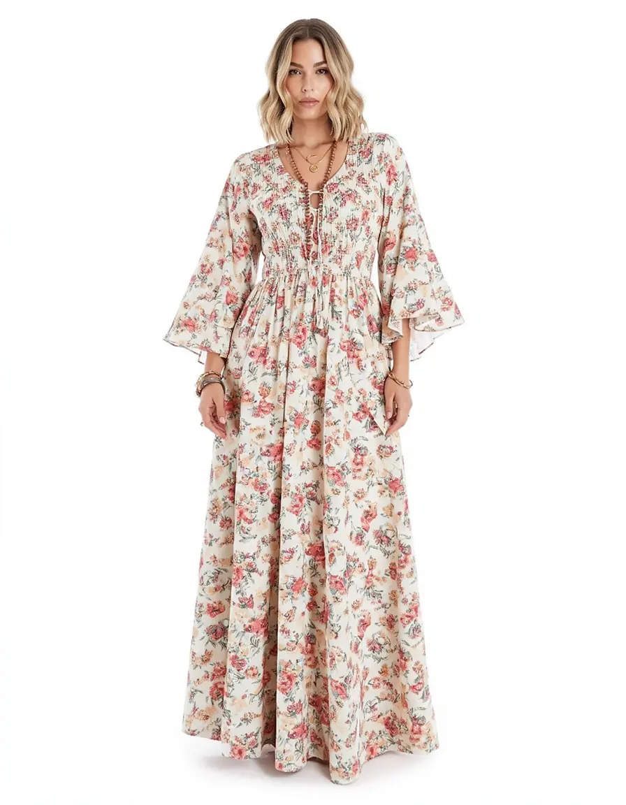 Floral Bohemian Maxi Kleid mit Glockenärmeln