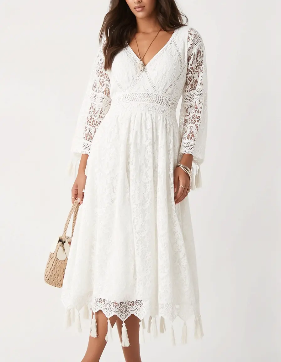 Weißes Lace Chic Boho Midi Kleid mit Quasten