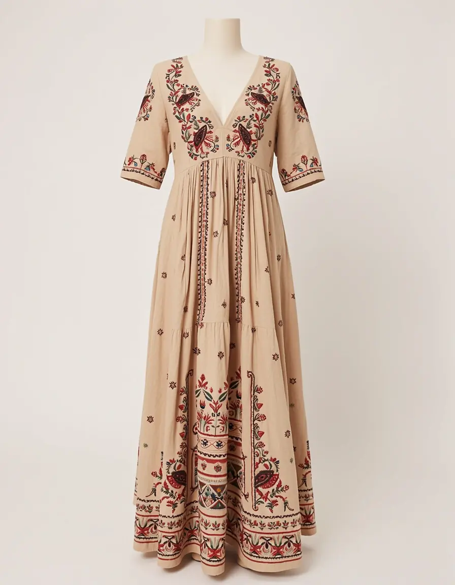 Besticktes Bohemian Kleid in Beige mit V-Ausschnitt
