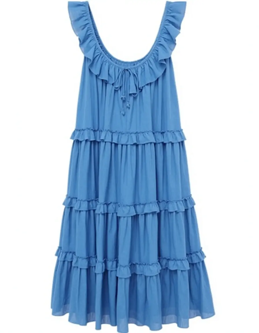 Blaues gestuftes Bohemian Kleid mit Rüschen