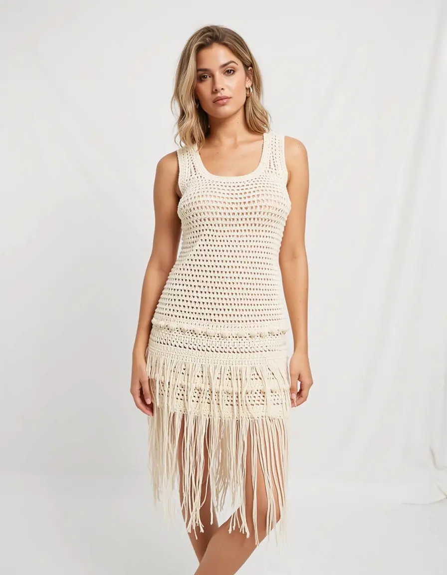 Cremefarbenes Crochet Chic Kleid mit Fransen