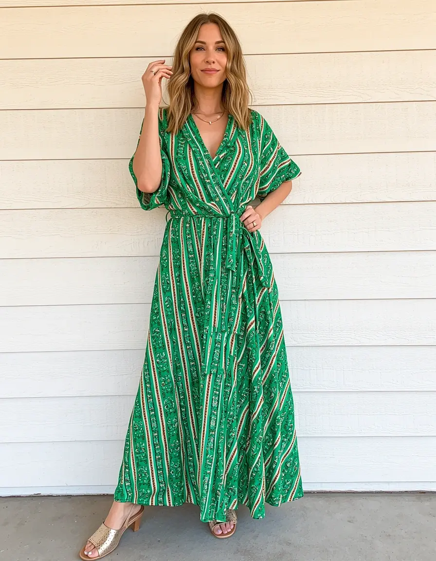 Grünes Wickel-Bohemian-Kleid mit Mustern