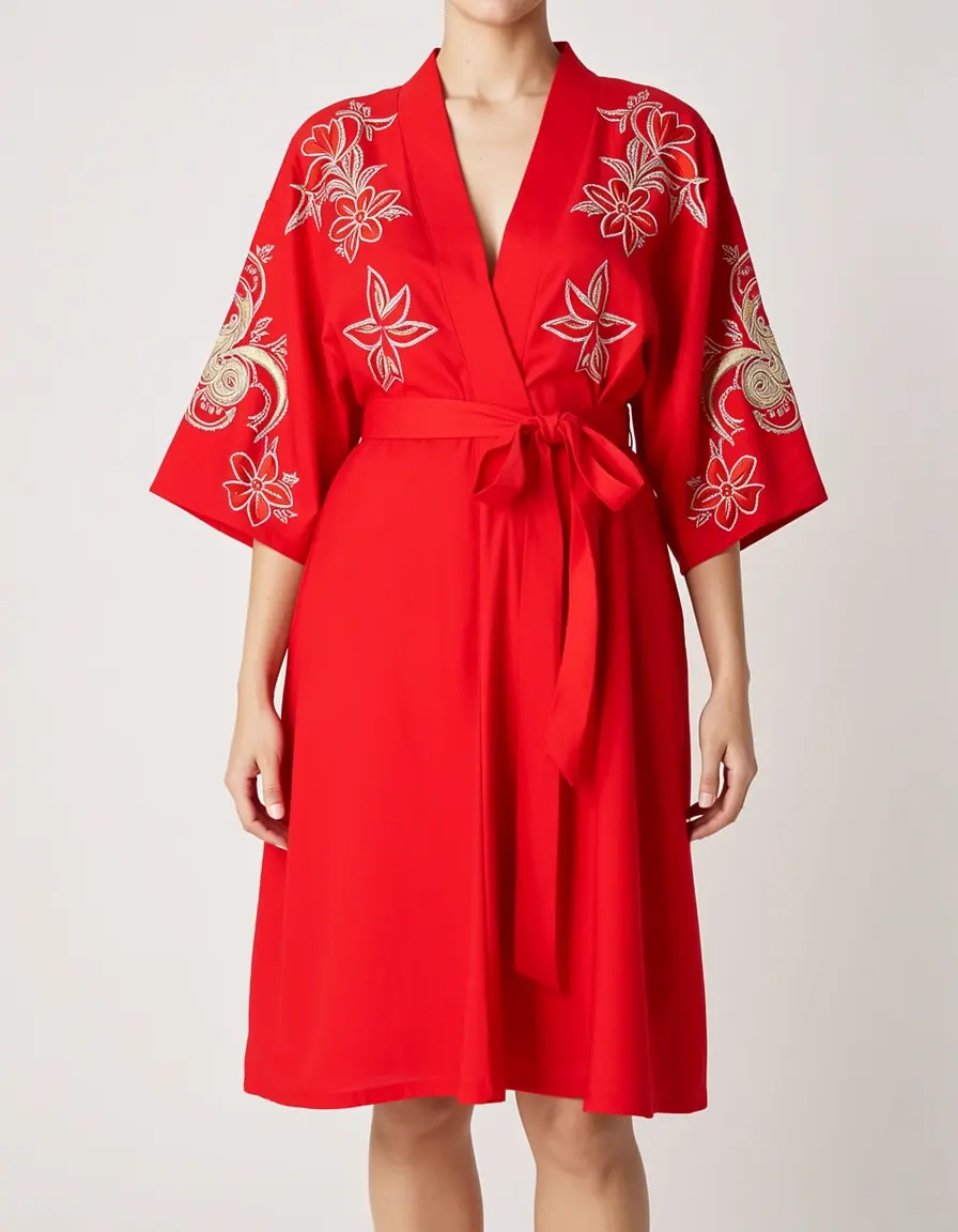 Rotes Kimono-Ärmel Kleid mit Bestickung