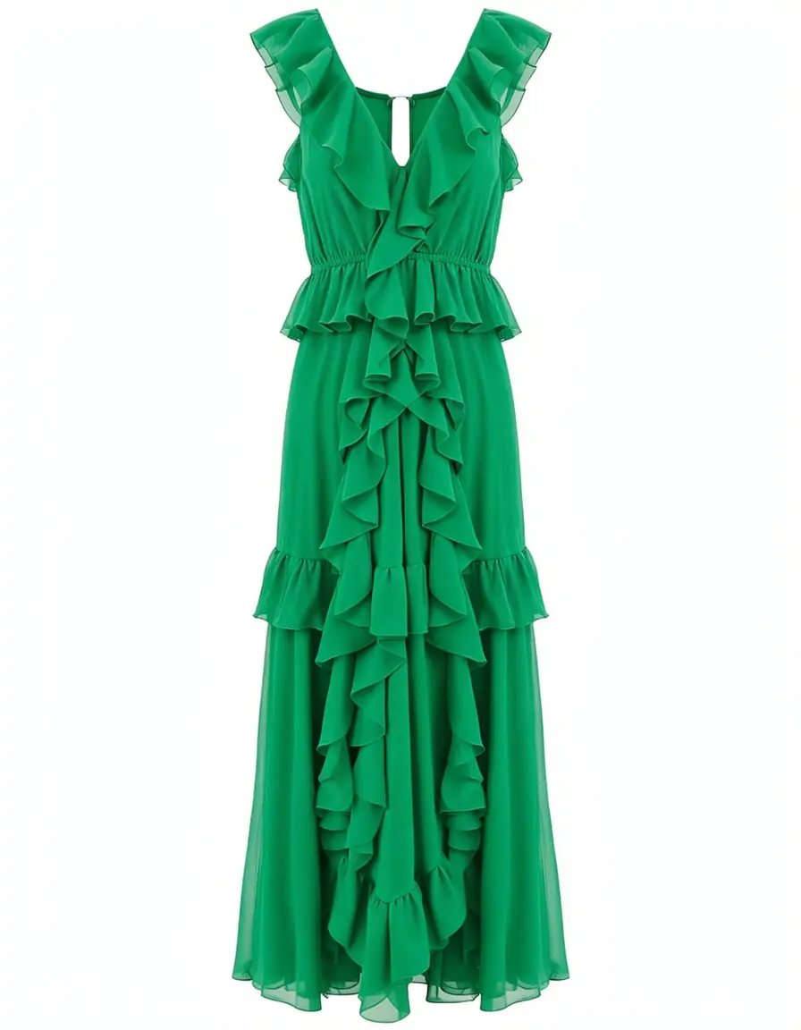 Grünes Chiffonkleid mit Rüschen