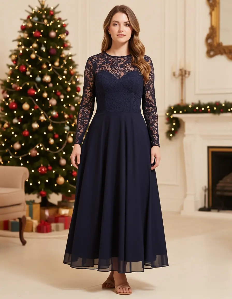 Elegant Festive Midi Damen Kleider festlich Marineblau