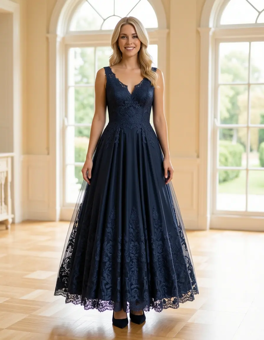 Elegante kleider für hochzeit - Navy Midi mit Spitze
