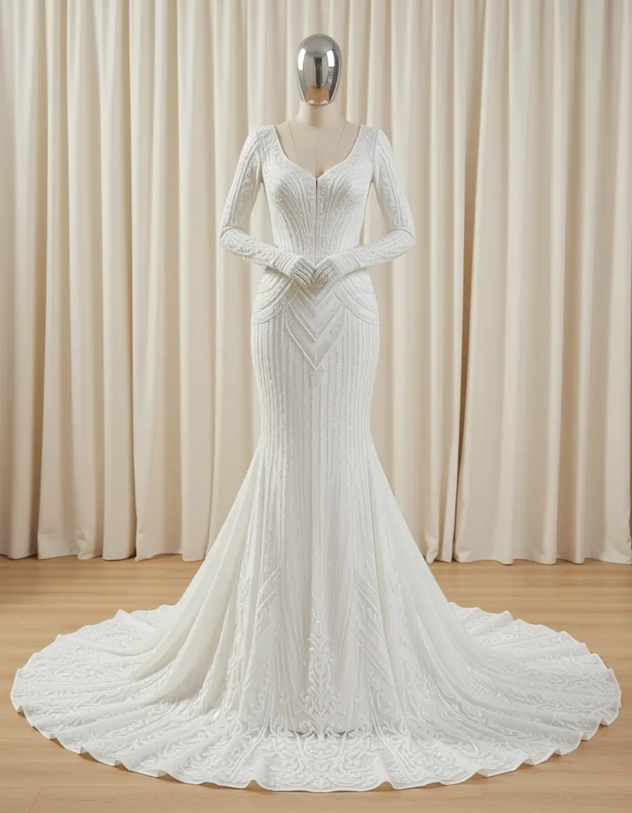 Weißes Abendkleid mit Perlen und Schleppe